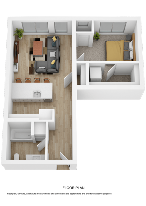 A floor plan of a house with a living room, kitchen, and two bedrooms.